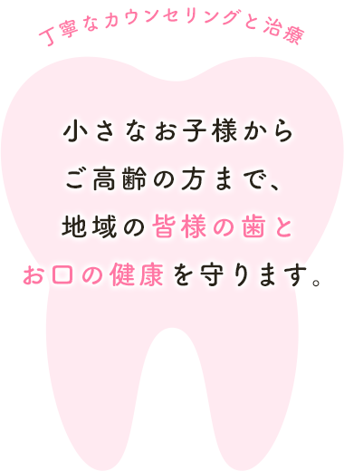 小さなお子様からご高齢の方まで、地域の皆様の歯とお口の健康を守ります。